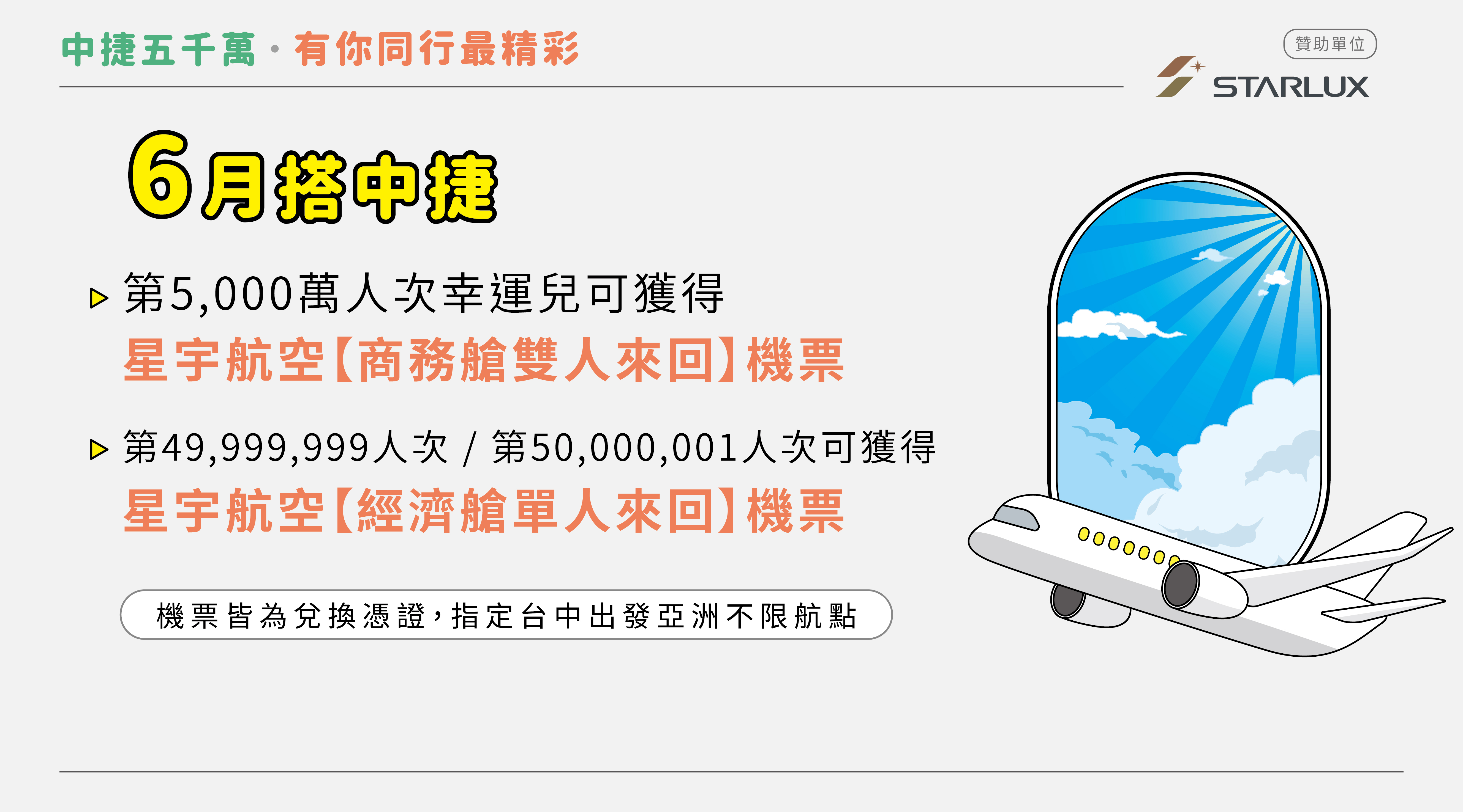 第5,000萬人次幸運旅客送星宇航空機票、中捷紀念旅遊票！
