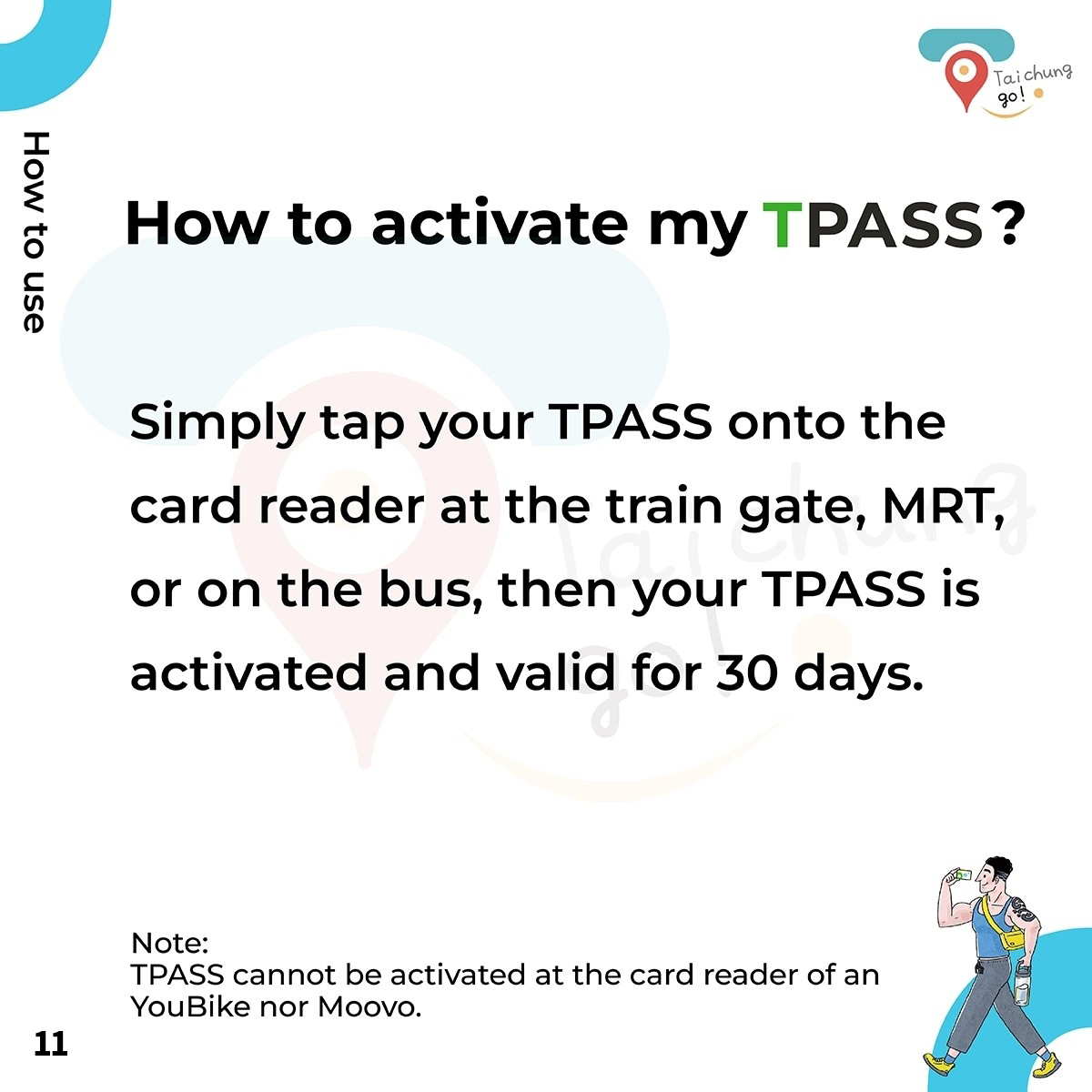 Simply tap your TPASS onto the card reader at the train gate,MRT,or Bus,then your TPASS is activated and valid for 30 days.。