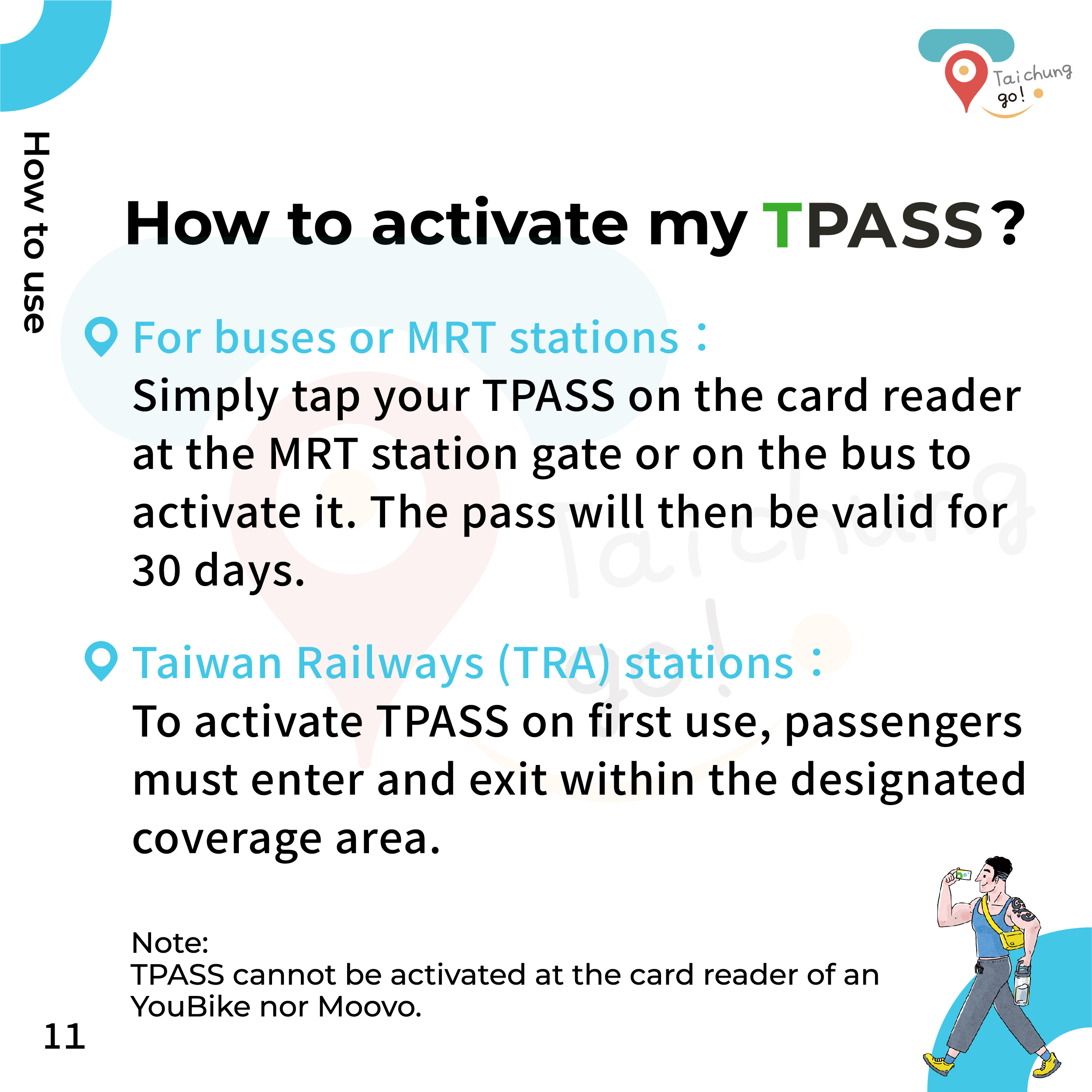 Simply tap your TPASS onto the card reader at the train gate,MRT,or Bus,then your TPASS is activated and valid for 30 days.。